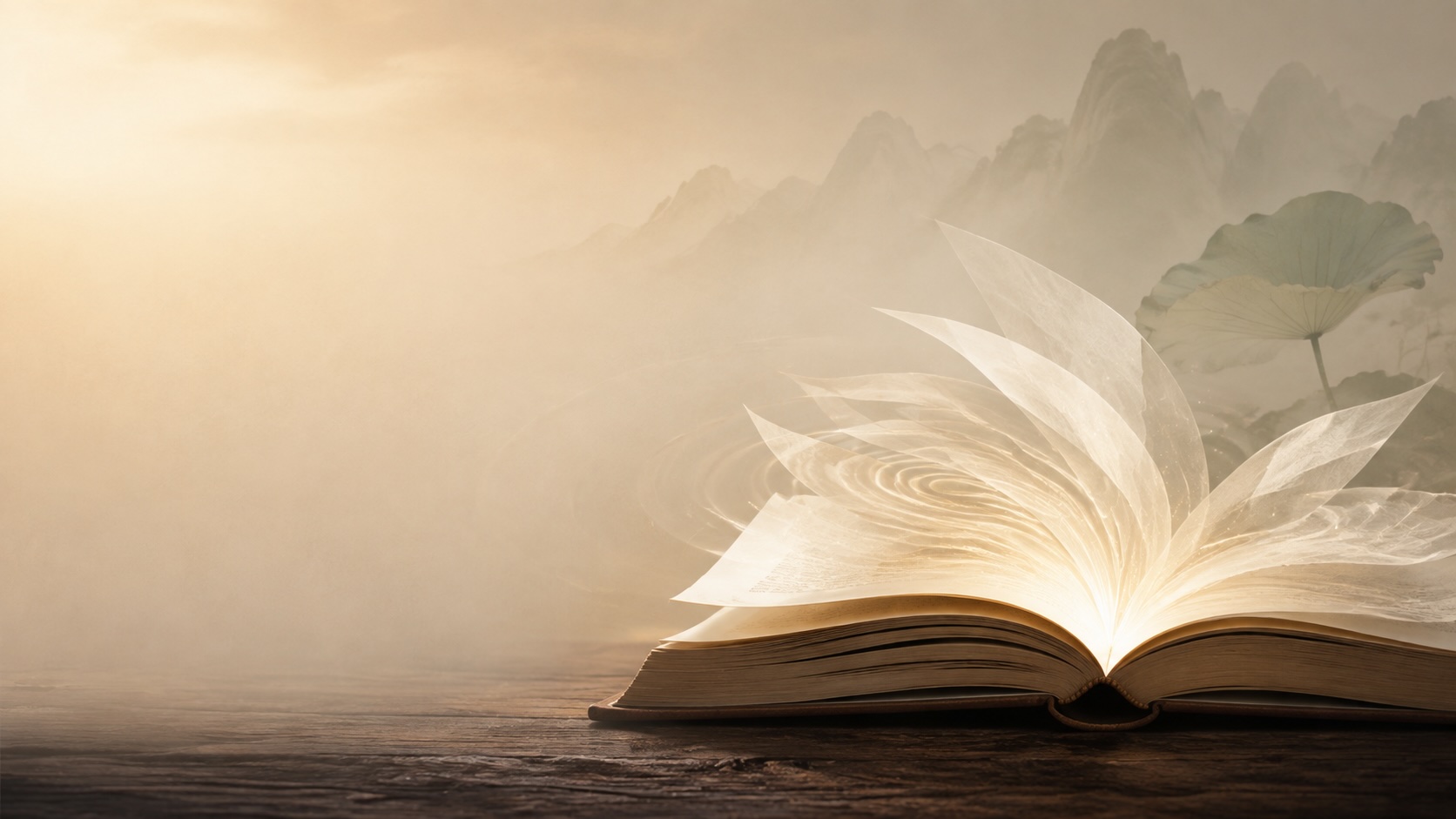 晨光中翻開的古書,書頁化為蓮瓣
